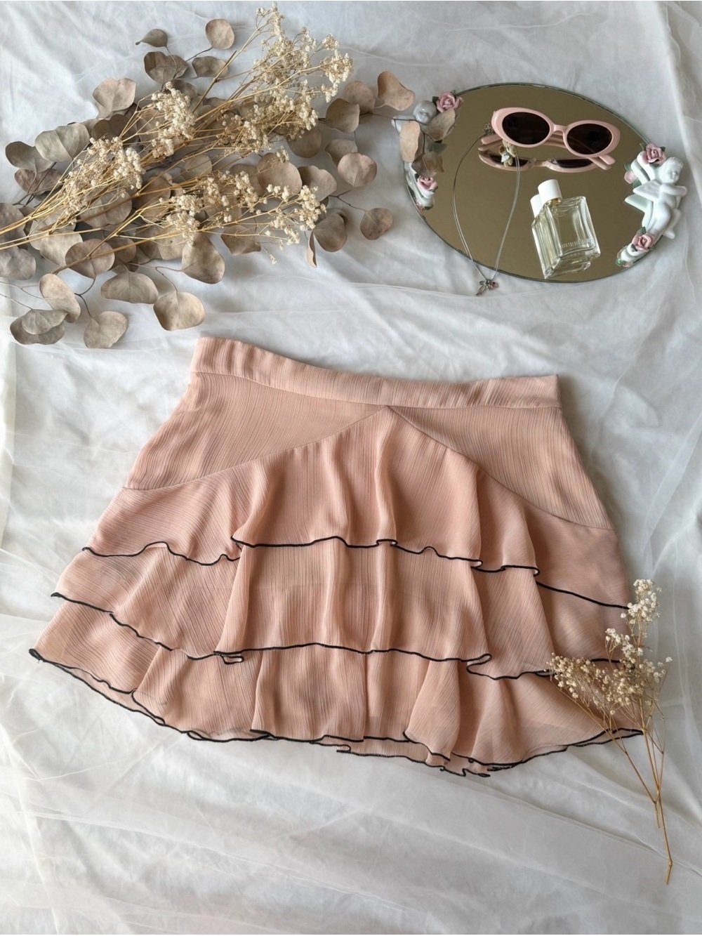 Zara Blush Pink Tiered Ruffle Mini Skirt with Black Trim